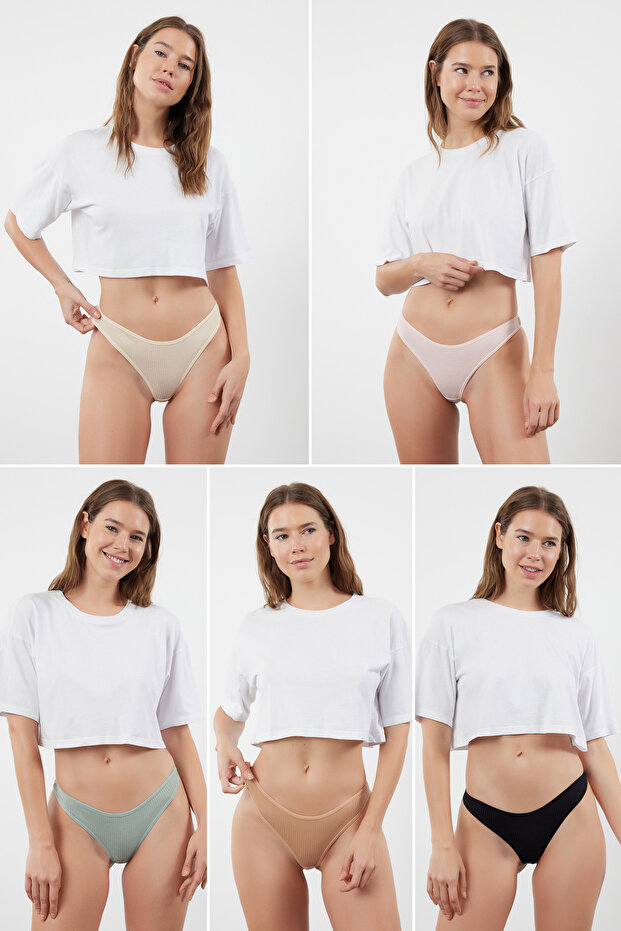 Çok Renkli 5'li Paket Fitilli Tanga Örme Külot THMSS24KU00045 - 1