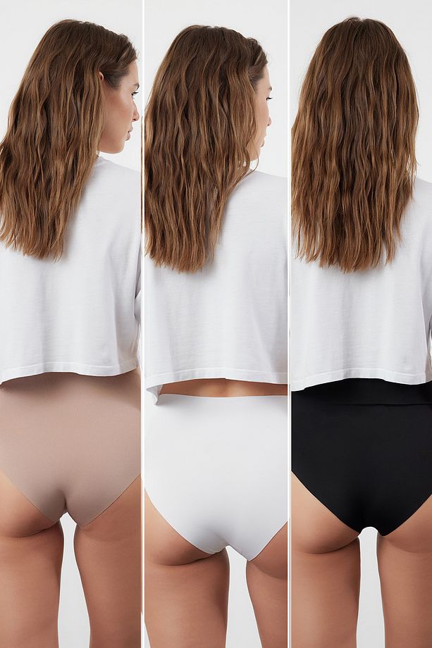 Siyah-Çok Renkli 3'lü Micro Dikişsiz/İz Yapmaz Lazer Kesim Hipster Örme Külot THMSS24KU00042 - 2