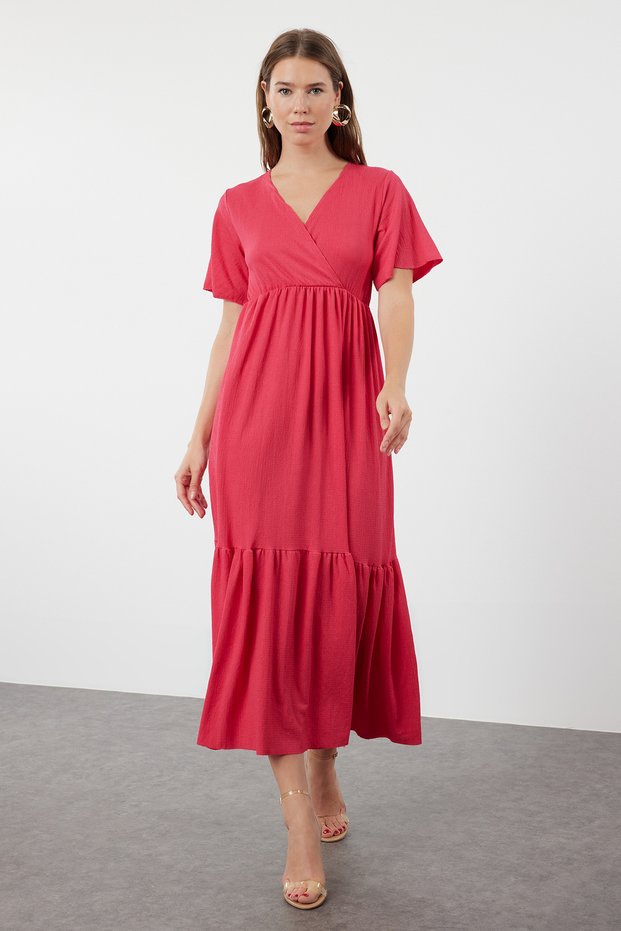 Fuchsia Plain Maxi Skirt with Ruffles and Textured Short Sleeves Stretchy Knitted Maxi Dress Knitted Dress