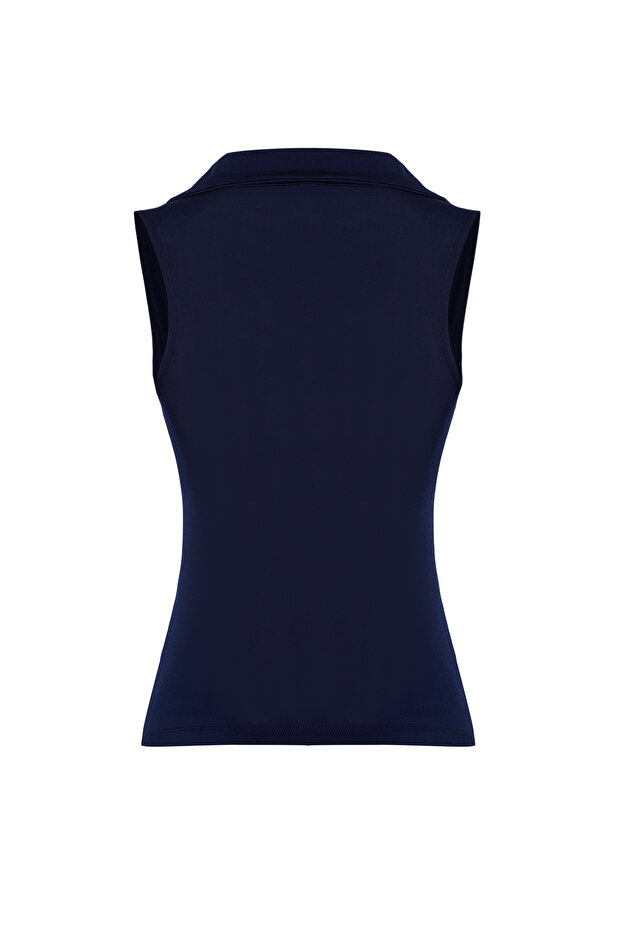 Lacivert Fitted/Vücuda Oturan Polo Yaka Esnek Örme Bluz TWOSS24BZ00085 - 7