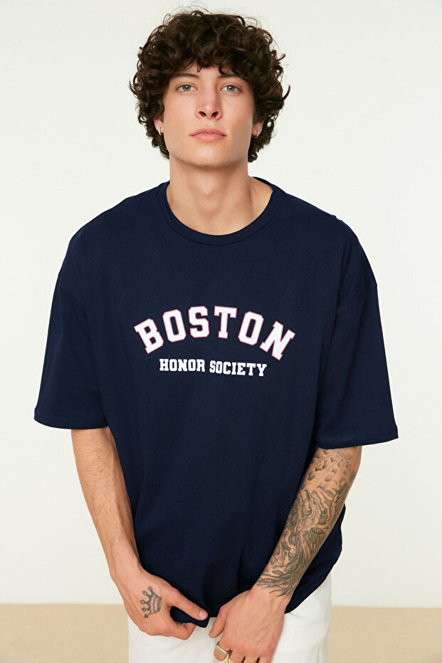 Lacivert Kısa Kol Baskılı T-Shirt TMNSS21TS1217 - 8