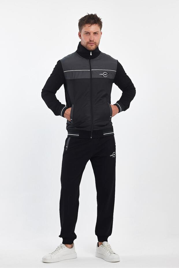 Men's Stand Collar 2 Thread Sports Tracksuit Set - Black