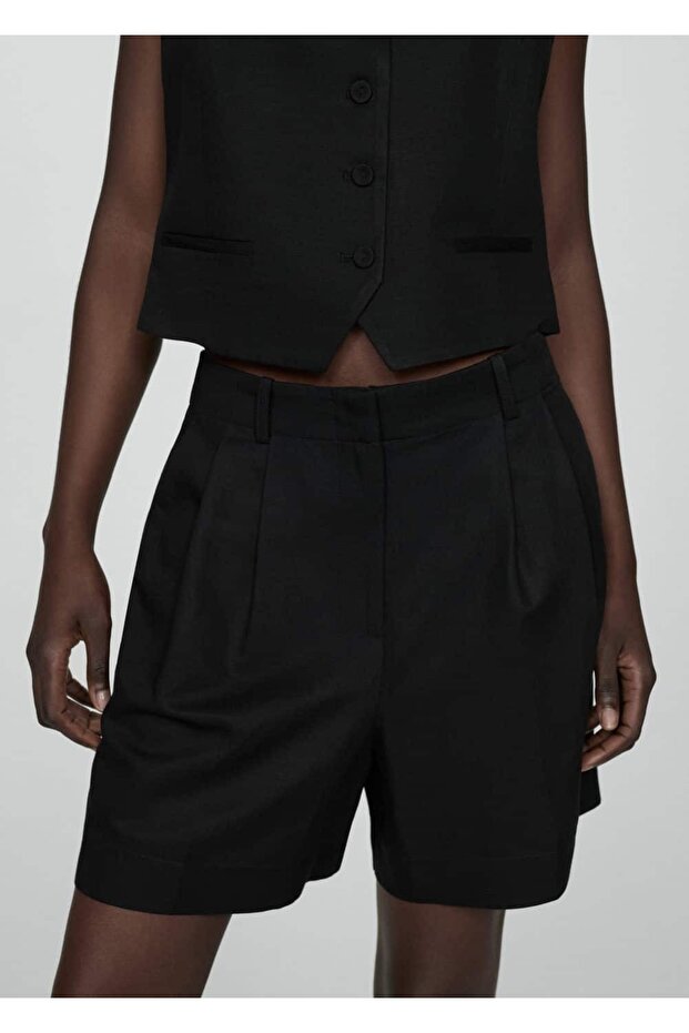 Keten karışımlı pilili bermuda şort - 5