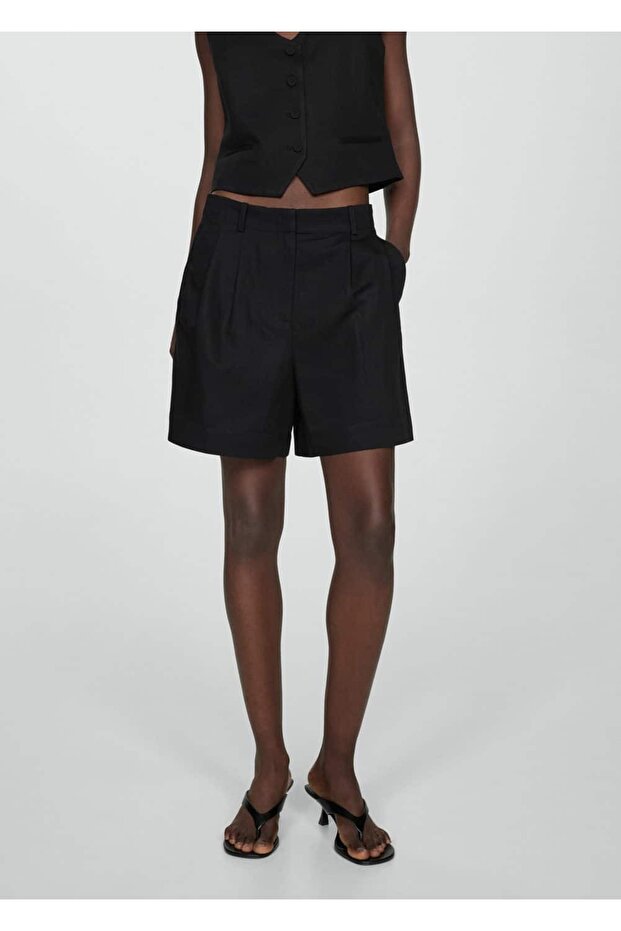Keten karışımlı pilili bermuda şort - 1