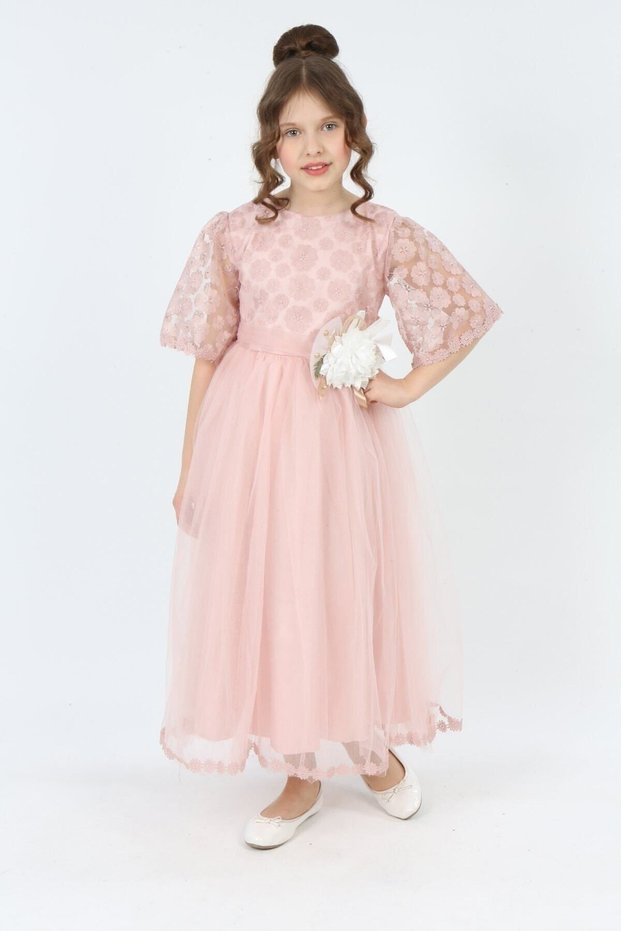Girl's Tulle Fabric Clipping Embroidered Lined Night Graduation Wedding Evening Dress