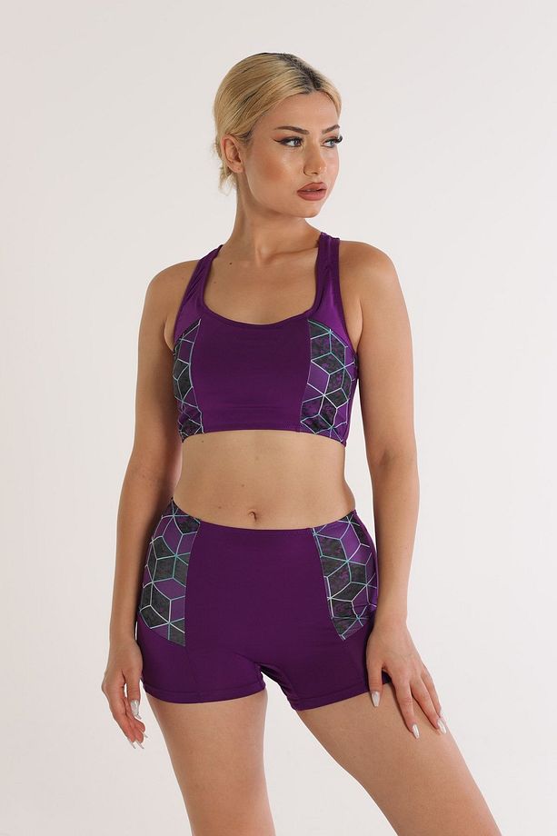 Modelli Şortlu Desenli Badili Yüzücü Bikini 5524 Desenli Mor - 3