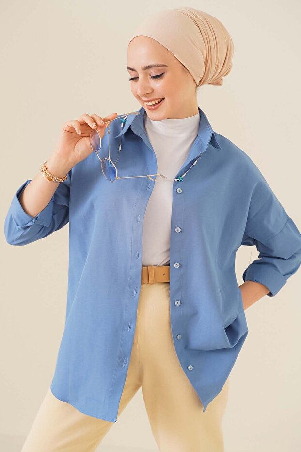 103901 Oversize Basic Tesettür Gömlek - İndigo - 1