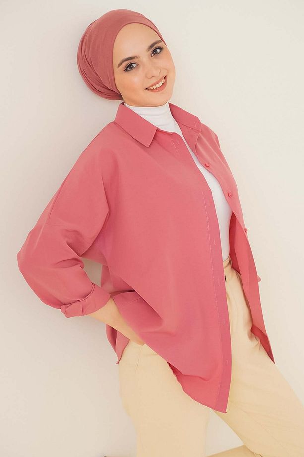 103901 Oversize Basic Tesettür Gömlek - Gül Kurusu - 2