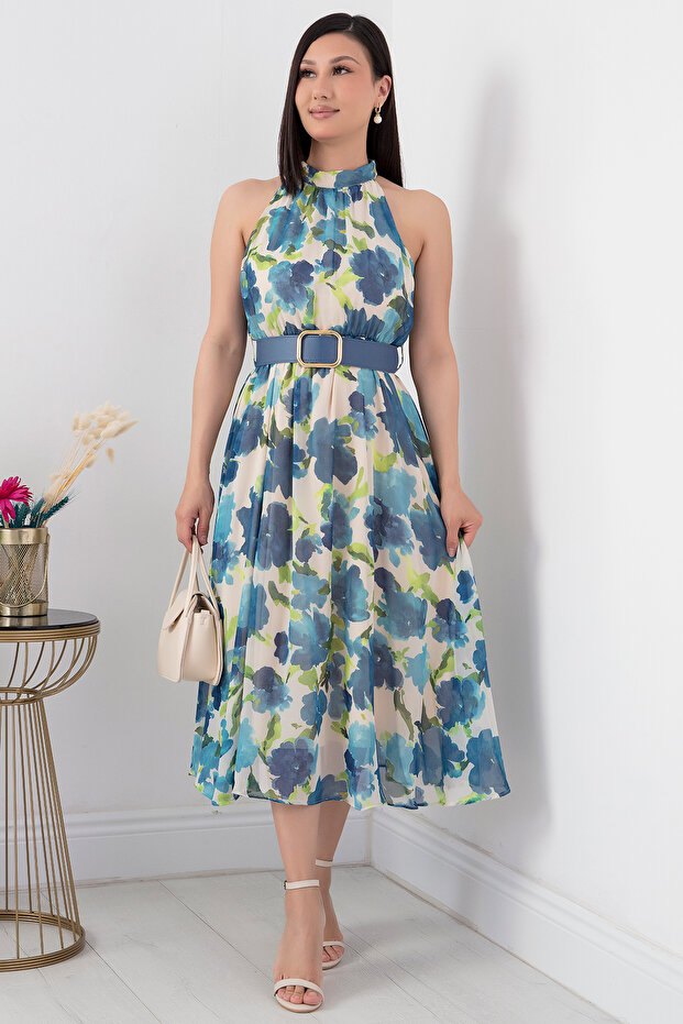 Halter Yaka Midi Çiçekli Elbise GRS3432 - 4