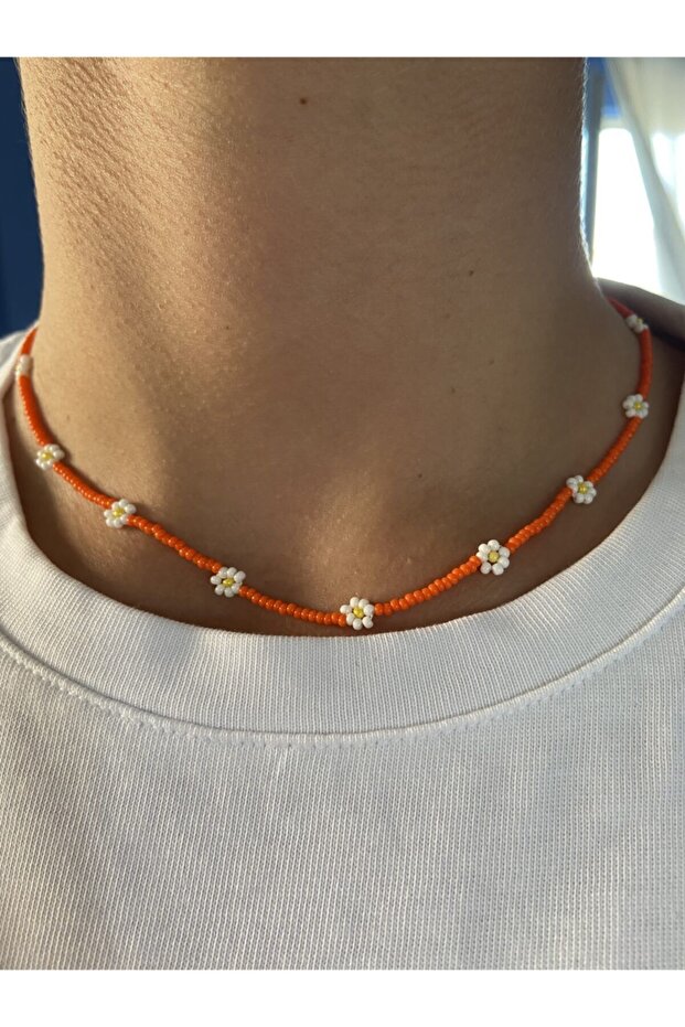 Orange and Fuchsia Beaded Daisy Necklace Set of 2 - 2