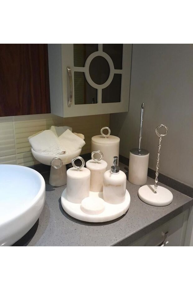 Crystal Silver Rings Natural White Marble Bathroom Set of 9 White Bowl Marble Towel Holder