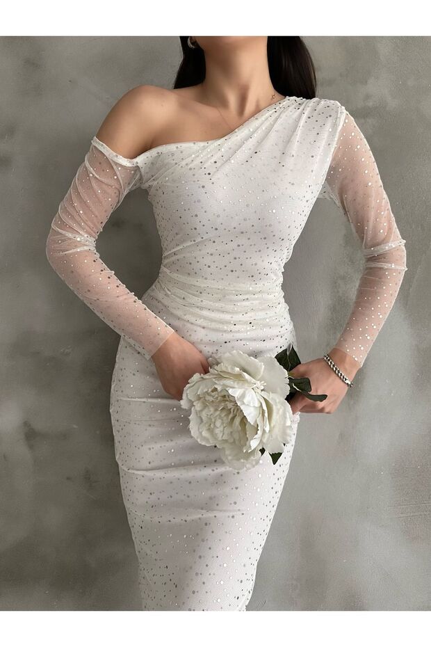 New Season One Shoulder Polka Dot Patterned Gilded Tulle Dress