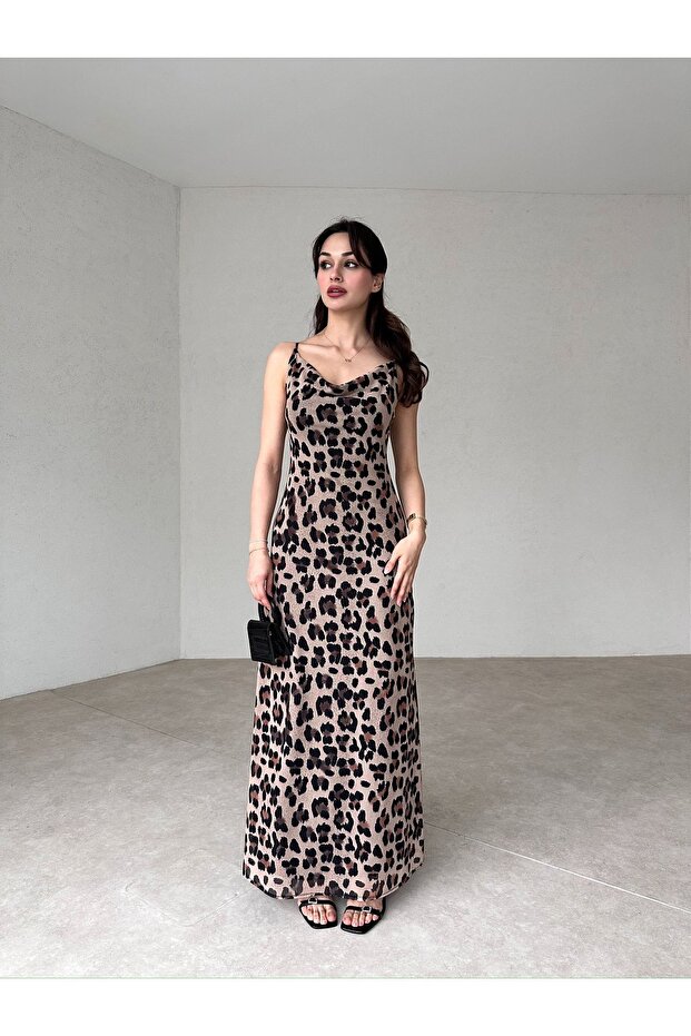 Low-cut Leopard Print Adjustable Strap Maxi Dress