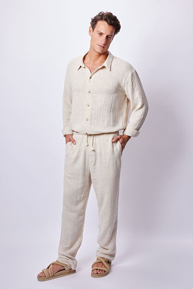 Beige Muslin Linen Shirt & Pants Set - 1