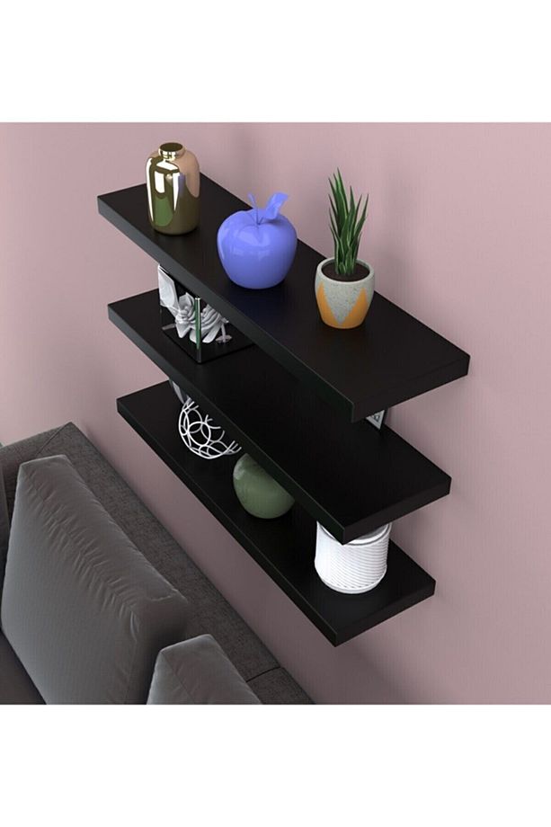 Siyah Uçan Duvar Rafı 3 Lü Set Gizli Raf 50-50-50 - 2