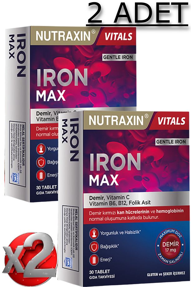2 Adet Nutraxin Iron Max 30 Adet Tablet - (Demir, Vitamin C, B6, Folik Asit, B12) - 1