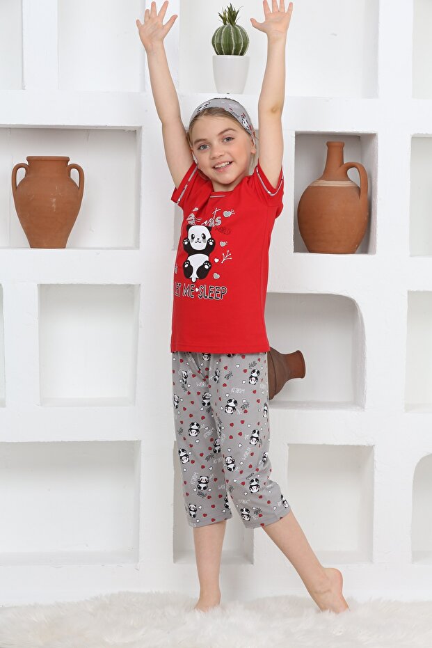 Girls' Short Sleeve Capri Crew Neck Panda Printed Eye Patch Red Color Pajamas Set