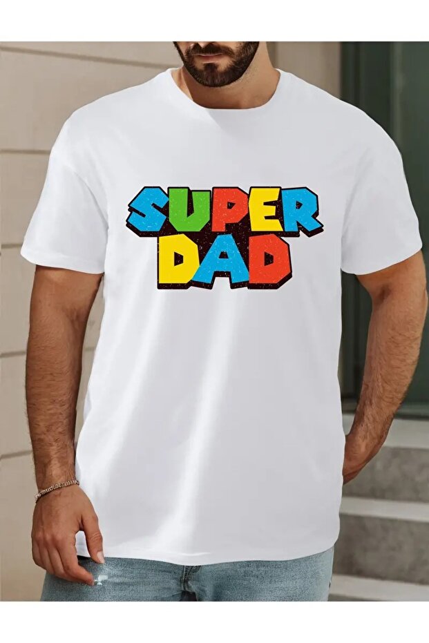 Men's Super Dad Printed Crew Neck Oversize Casual Boyfirend Black T-Shirt