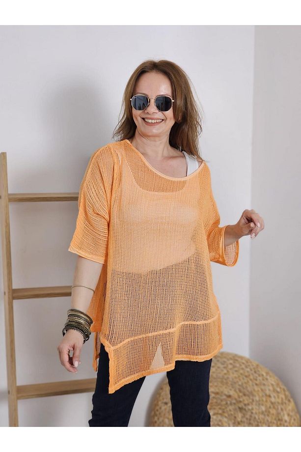 FELİX12191 Asimetrik Turuncu File Bluz - 1