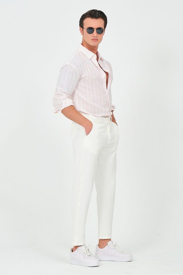 Dar Paça Esnek Kumaş Regular Fit Erkek Krem Rengi Pantolon - 1