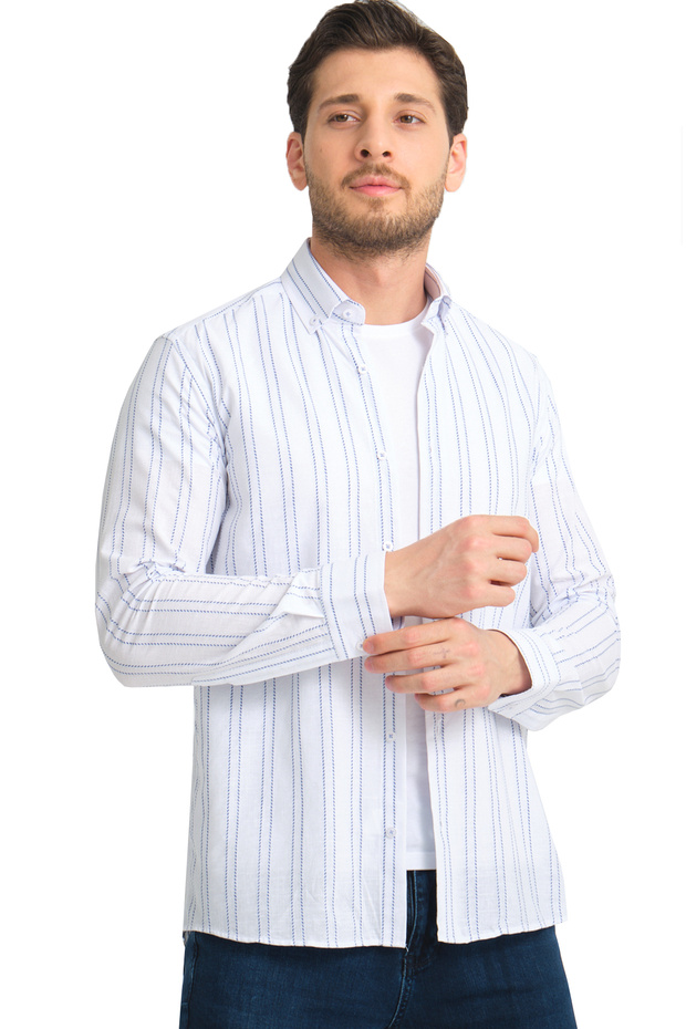 Men's White Blue Pocketless Linen Effect Striped Wide Cut Long Sleeve Shirt