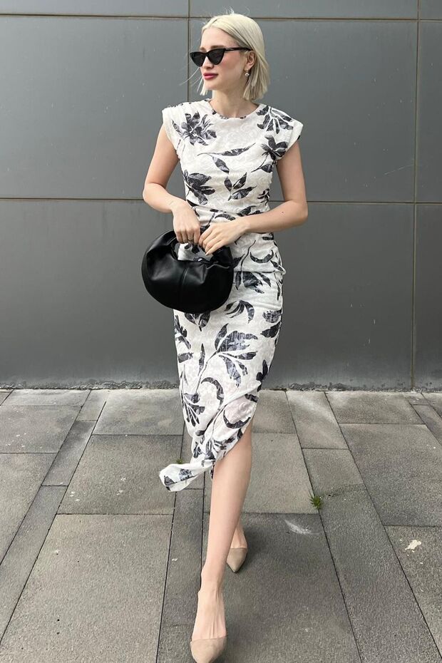 Gray Padded Crew Neck Slit Lined Floral Patterned Midi Length Tulle Dress 3403