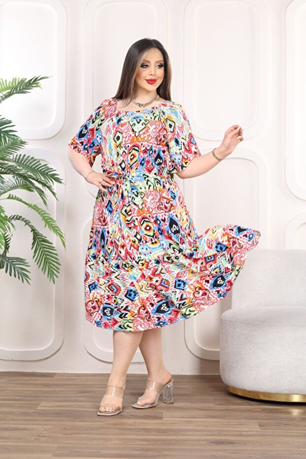 Patterned Dress with Elastic Collar and Belted