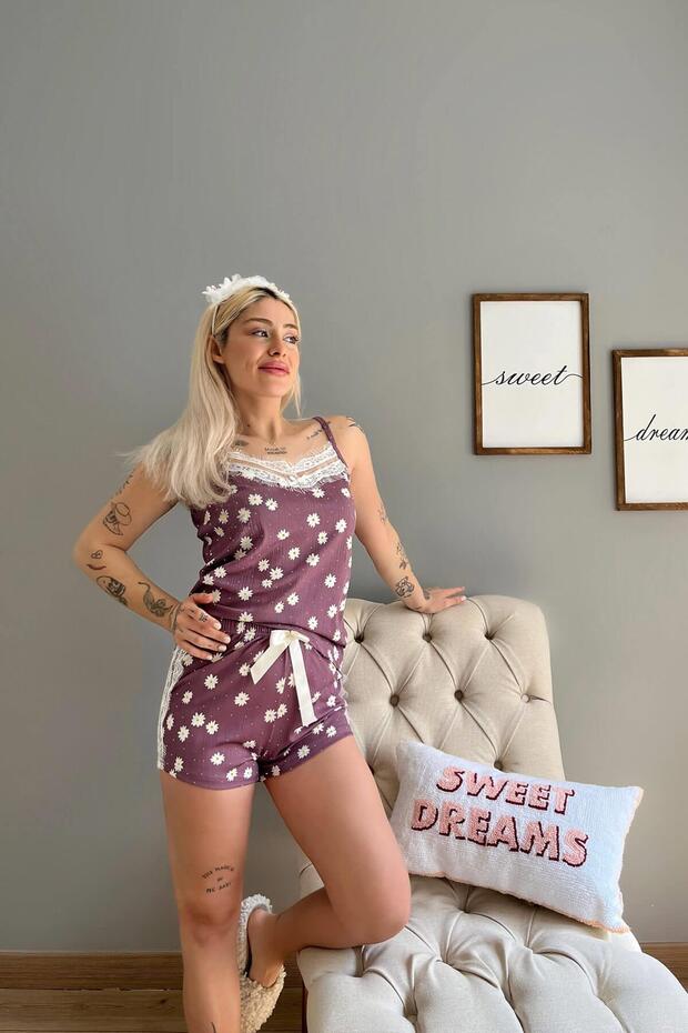 Mor Sarı Papatya Dantel Detaylı İp Askı Şortlu Örme Pijama Takımı - 2