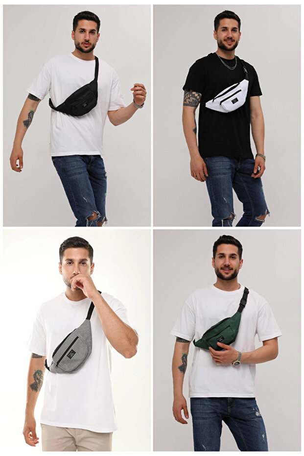 Unisex 4-Pack Black, Gray, White, Khaki 2-Compartment Shoulder Bags and Waist Bag