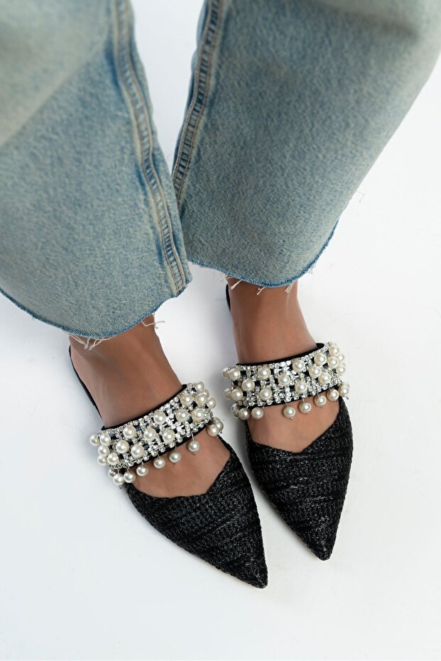 Fomax Black Straw Pearl Detail női sarkú papucs - 5