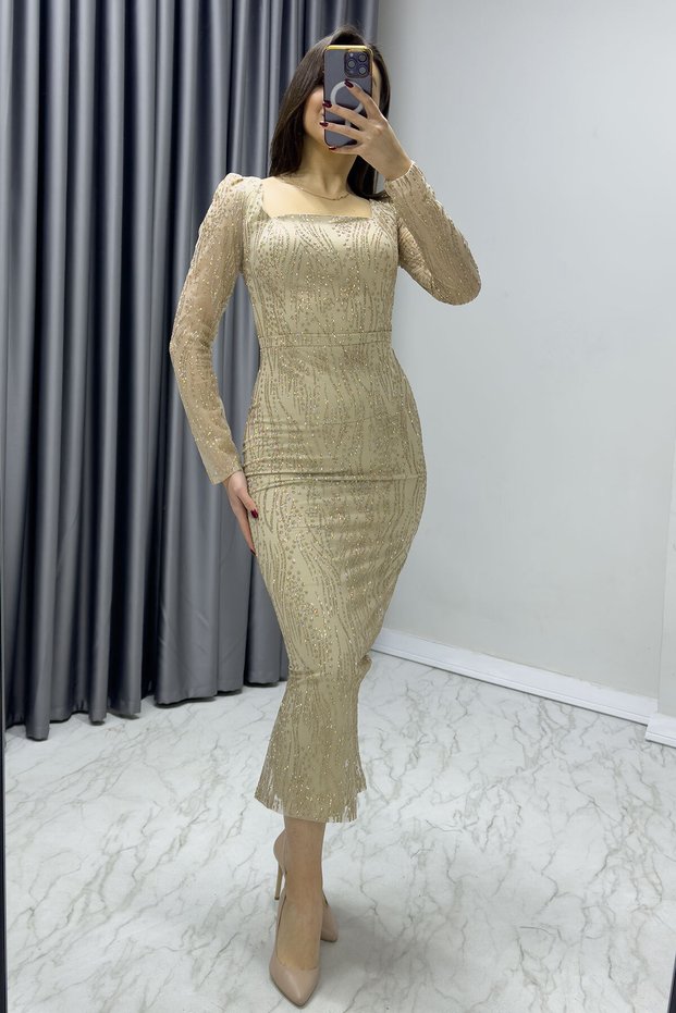 Women's Square Neck Glittery Long Sleeve Midi Evening Dress White, Burgundy, Gold, Powder
