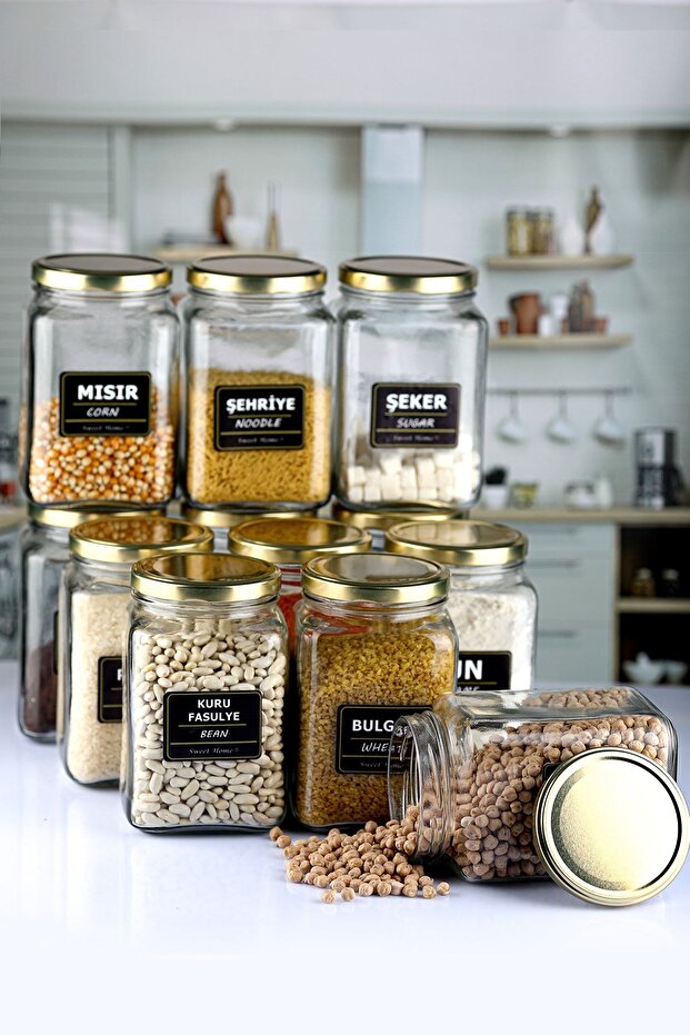 1600 Cc Cornered Labeled Glass Spice and Pulses Jar with Gold Lid 12 Pieces