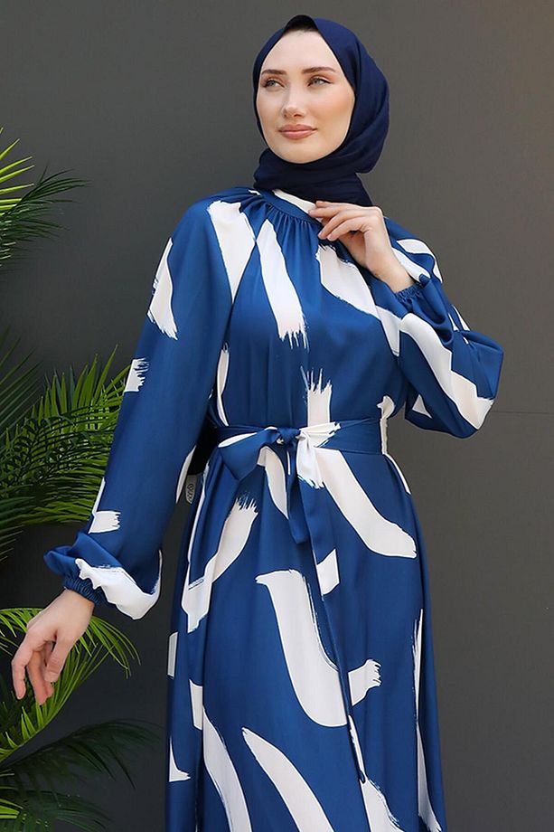 Fırça Desen Elbise Koyu Mavi - 5
