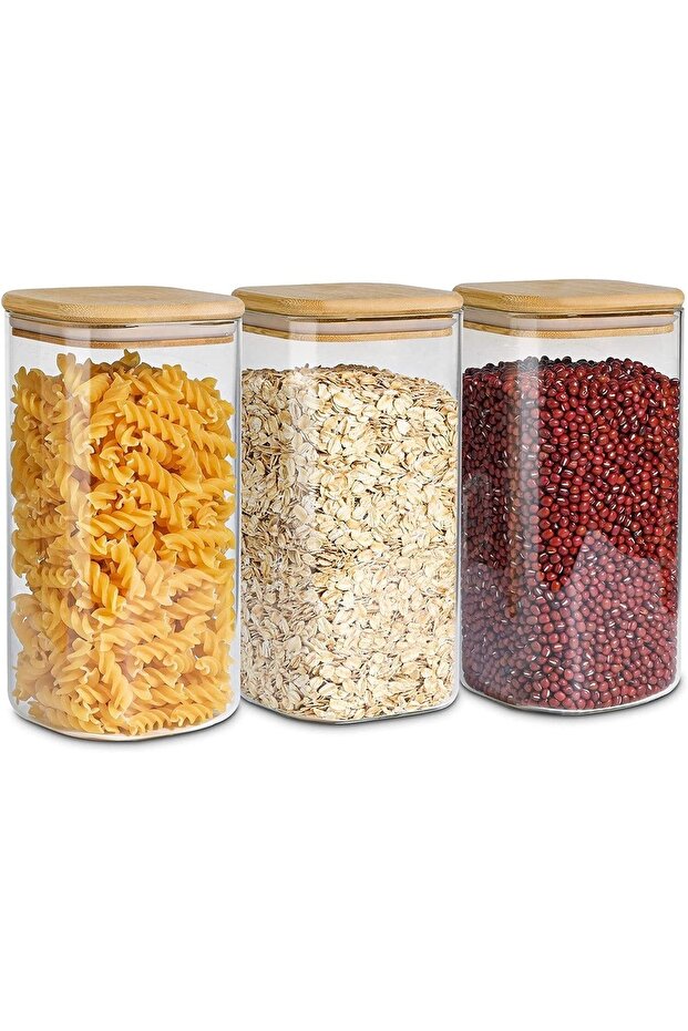 Set of 6 1200 ml Square Glass Spice Containers with Bamboo Lids - 8459-1