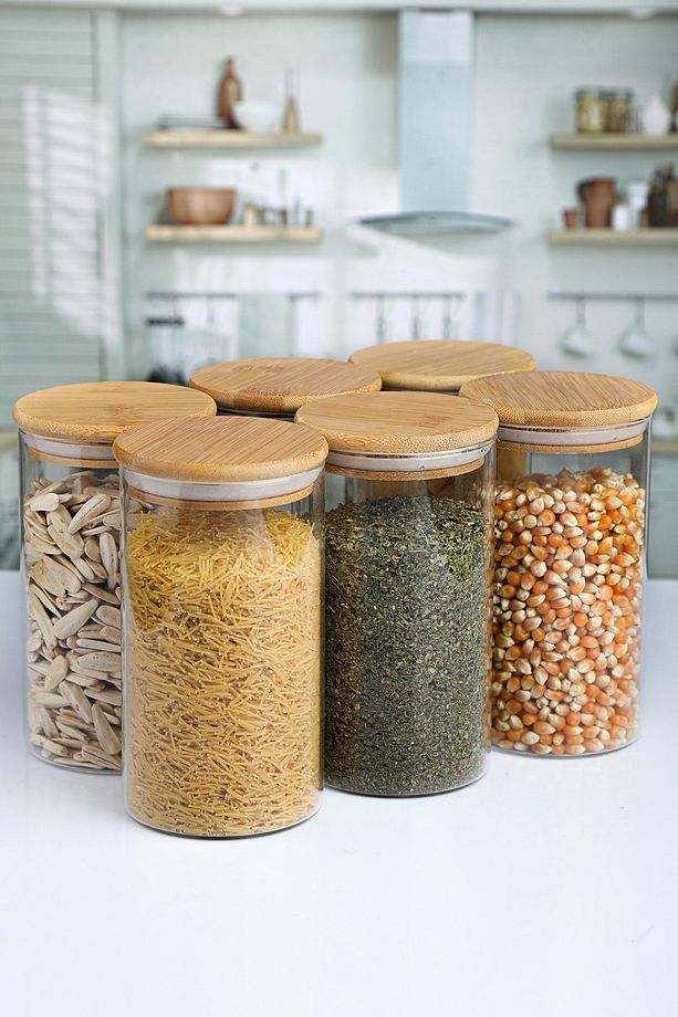 6'lı 1000ml Vakumlu Bambu Kapaklı Borosilikat Lüks Cam Kavanoz Takımı - 1