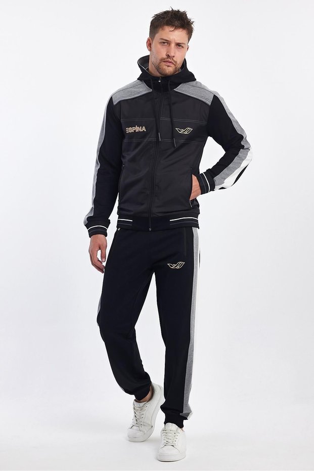 Men's Hooded Zip-Up Sports Tracksuit Set with Raglan Sleeves - Black