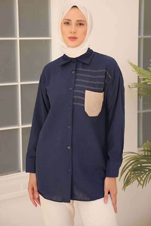2061 Embroidery Detailed Pocket Shirt Navy Blue