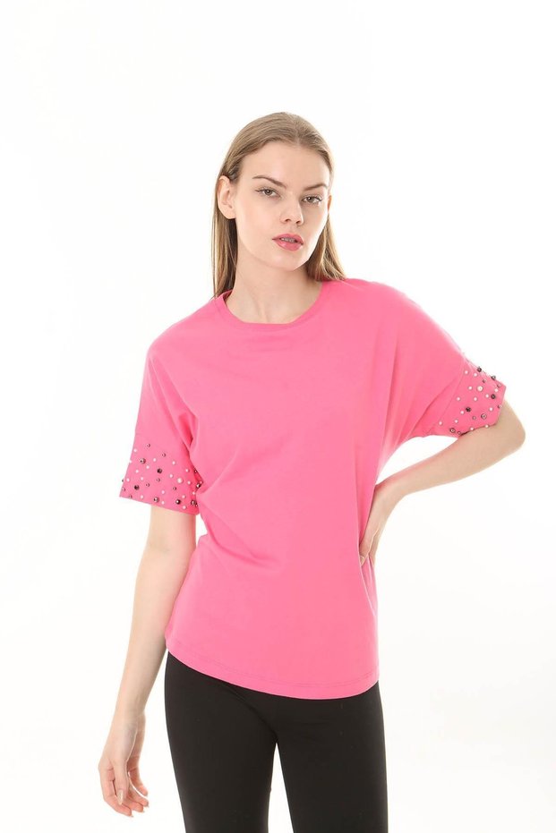 Women's Bat T-Shirt with Pearl Detail on the Sleeve Cuff