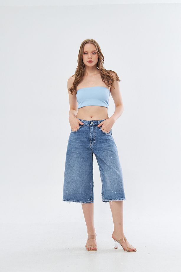 TREND Süper Baggy Paça Lazerli Midi Boy  Denim Şort - 4
