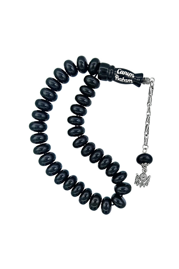 Dear Dad Written on It Ankle Length Georgia Oltu Stone Prayer Beads 12 X 7 mm Plated Tassel