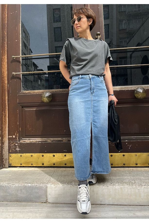 Açık Mavi Jean Önden Yırtmaçlı Denim Kot Kalem Etek - 1