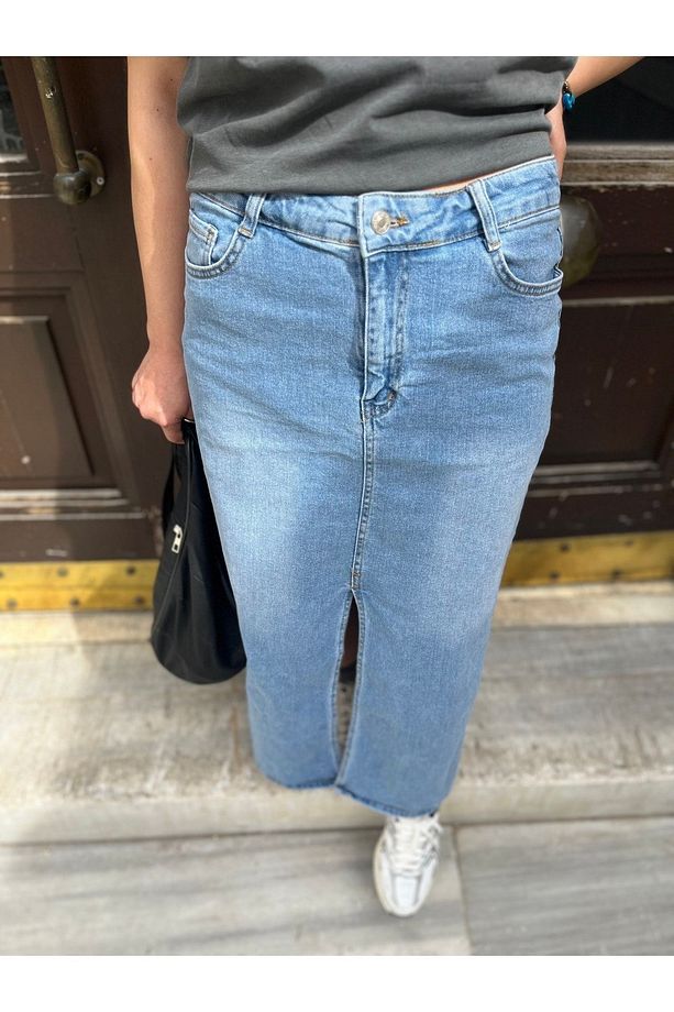 Açık Mavi Jean Önden Yırtmaçlı Denim Kot Kalem Etek - 3