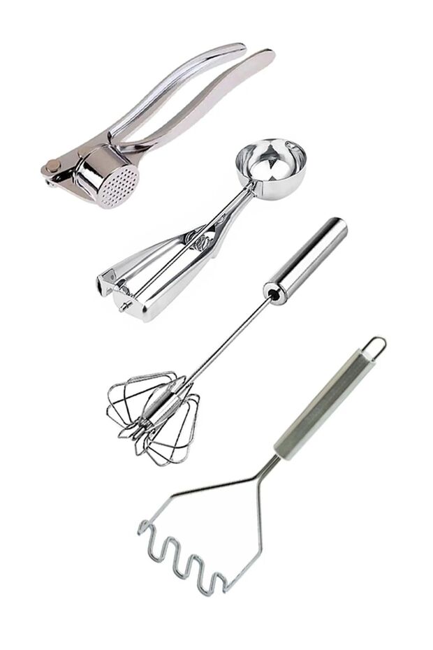 Stainless Steel Garlic Press, Ice Cream Scoop, Whisk, and Potato Masher
