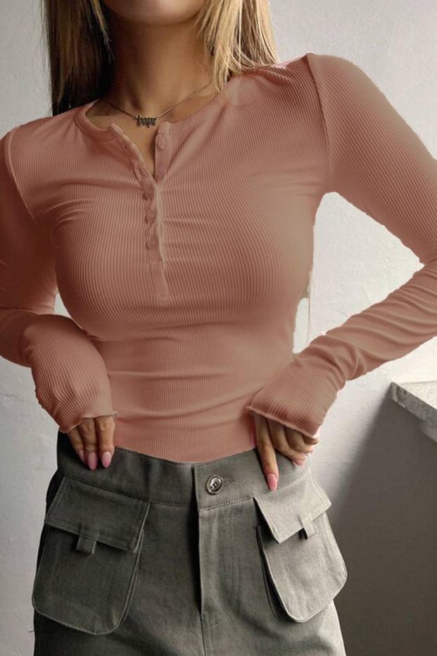 1 Piece Women's Salmon Button Detailed Patch Button Crew Neck Long Sleeve Ribbed Camisole Blouse Body