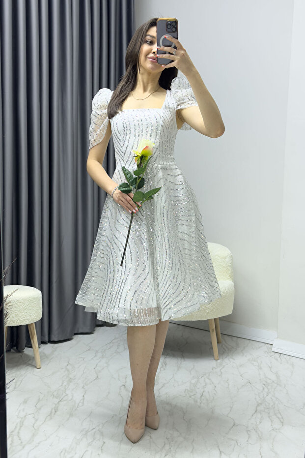 Women's Flounced Square Neck Watermelon Sleeve Flared Evening Dress White, Green