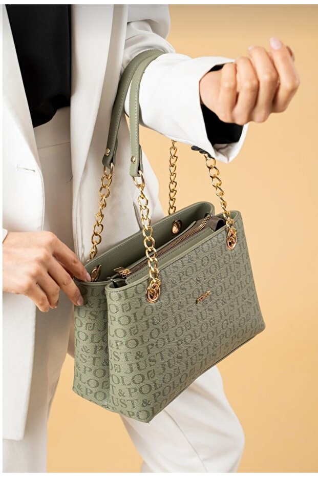 Women's Green Chain Detailed Adjustable Long Strap Shoulder Bag-Bd2181