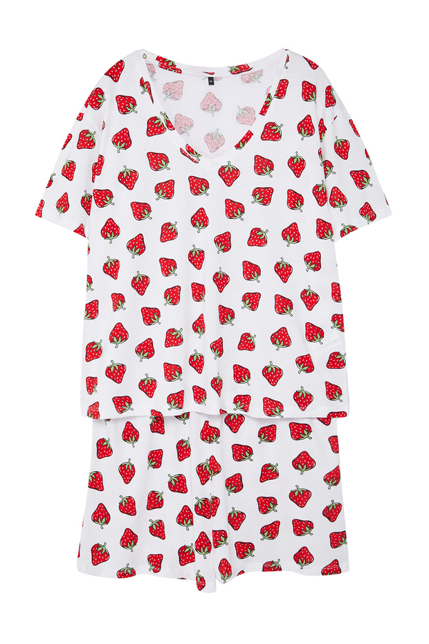 Beyaz Çilek Desenli V Yaka Örme Pijama Takımı TBBSS24AI00133 - 6