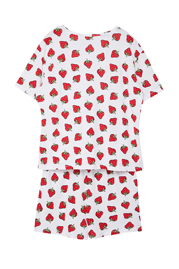 Beyaz Çilek Desenli V Yaka Örme Pijama Takımı TBBSS24AI00133 - 7