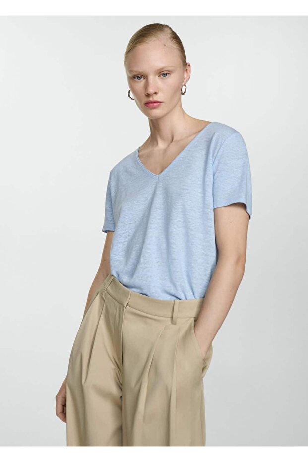 V yakalı keten tişört - 1