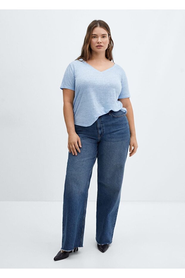 V yakalı keten tişört - 6